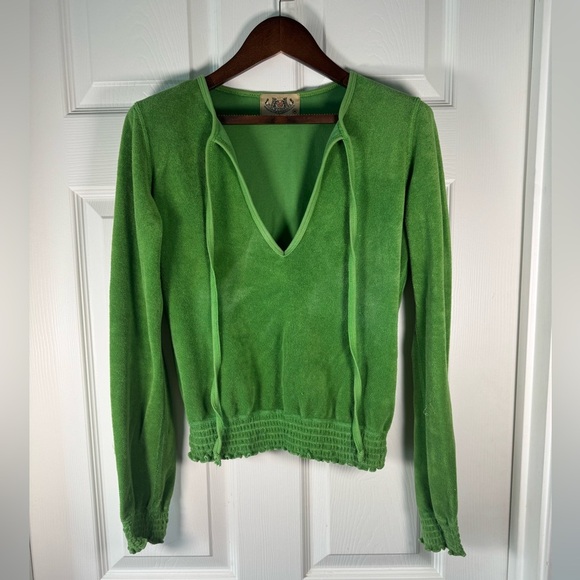 Vintage Juicy Couture Green Terry Long Sleeve Deep V Top Y2K Original Sz Medium - Picture 1 of 8
